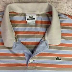 Lacoste Mens Size 8 3XL Polo Shirt Blue Orange Striped Cotton Classic Crocodile